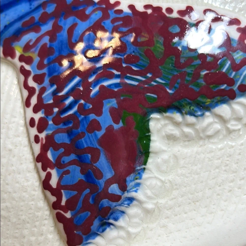 Artist Lucinda signed pottery fish Wall pocket Colorful Decor